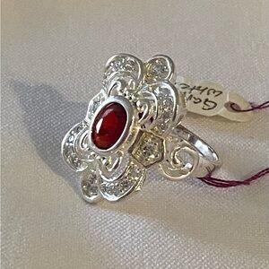 Red Garnet & White Topaz 925 Silver Ring sz 8